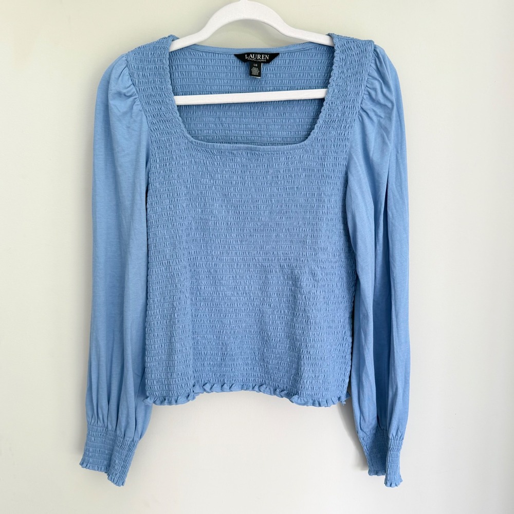 Lauren Ralph Lauren Long Sleeve Top Blue Smocked Ruffle Puff SLV 100% Cotton L